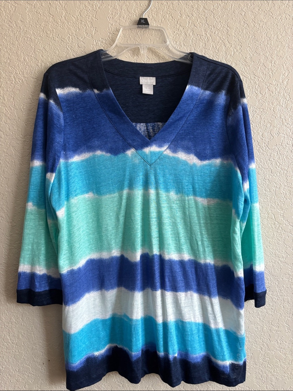 Chico's Blue Heathered Knit Top with Patterned Hem